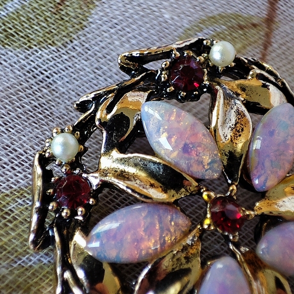Pink Fire Opal? Seed Pearls Faux Garnet stone Gold Rhodium Plate Vintage Brooch - Picture 4 of 7